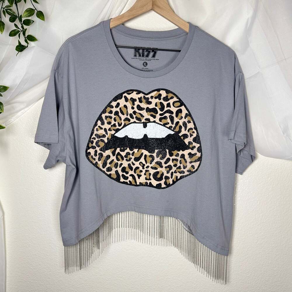 Kiss Cropped Shirt Gray Short Sleeve Crew Neck Fringe Chains Asymmetrical Grunge
